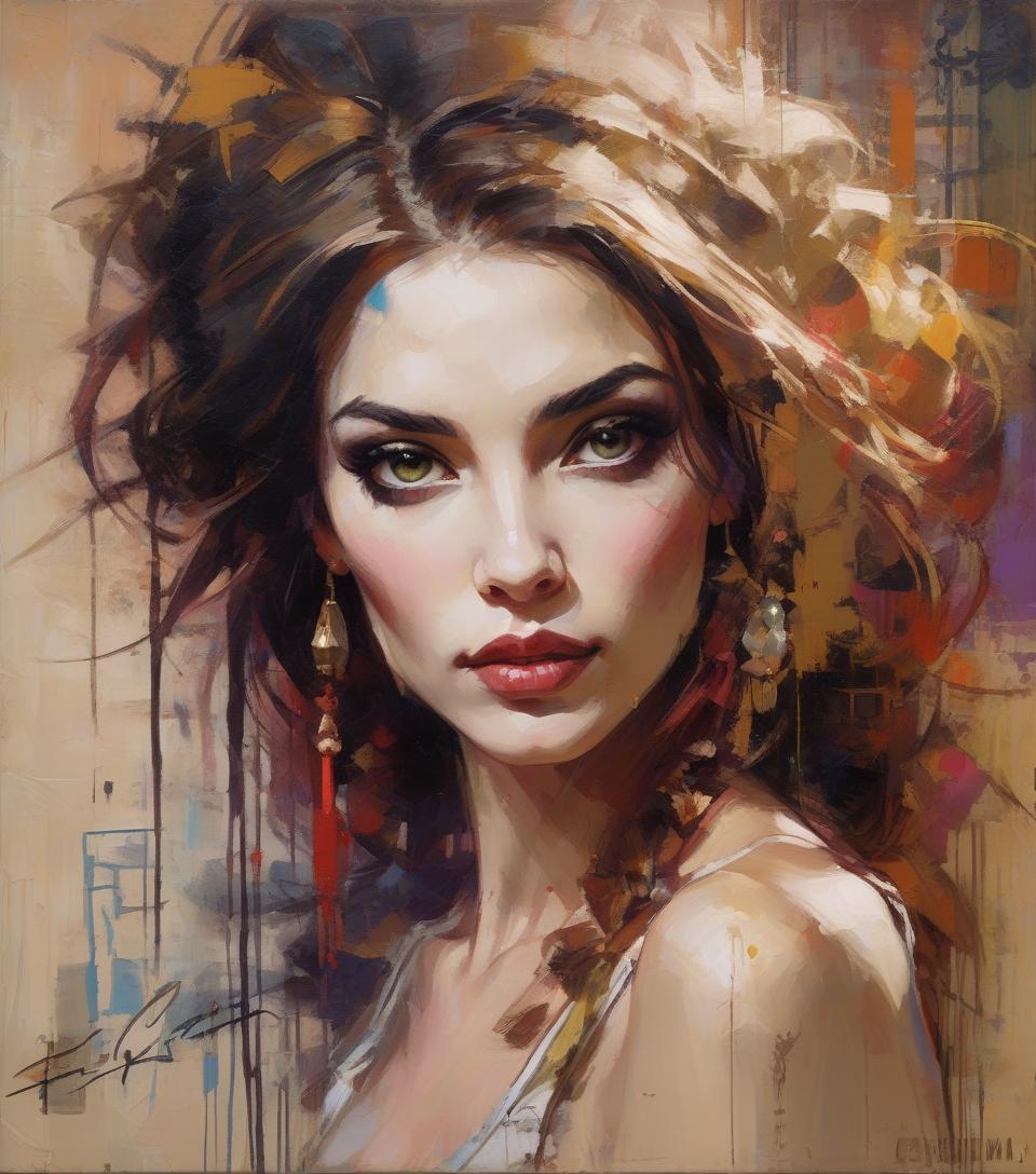  grunge style portait of a beautiful woman, a masterwork detail quality line and developed, add featured alluring illusions, adorable hybrid painting, deep oriental tones, randomly placed, comprehensive finely art style by carne griffith michael garmash, ivan shiskin . textured, distressed, vintage, edgy, punk rock vibe, dirty, noisy