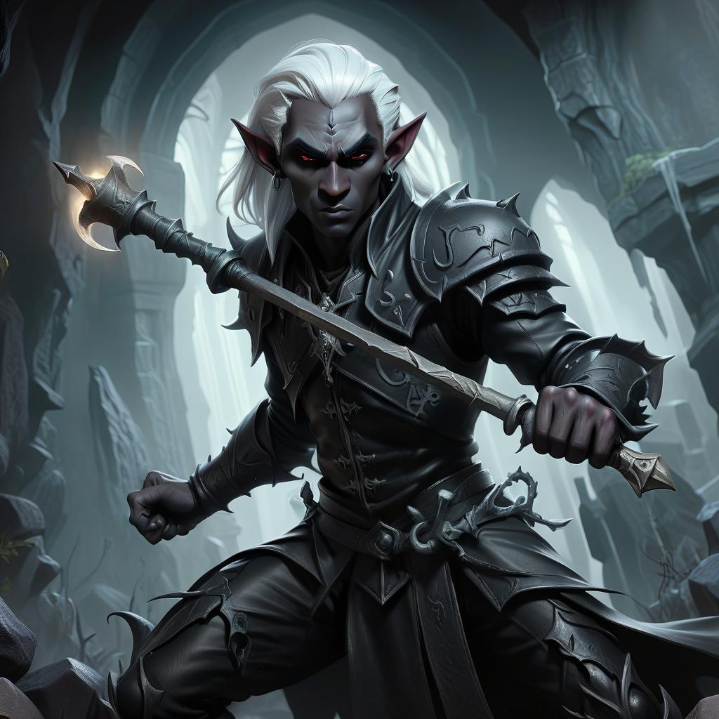  macabre style drow male elf cleric, simble plain black leather jacket, simple iron battle mace, dark cave temple . dark, gothic, grim, haunting, highly detailed, civitai, hkmagic