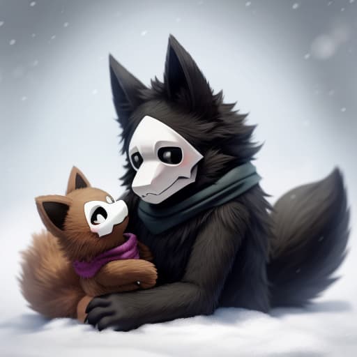  Puro And SCP-1471, Sitting on other, big fluffy tails, scarf, hug, cute, Puro with brown fur, snow eviroment, florest background, fluffy, lying downbody, kemono style, open eyes, masterpiece, 4k, fine details,