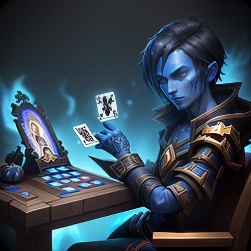  one card player as hearthstone on the full screen, with an avatar window, blue card color, with halloween references. the background is black. top player rank, bottom characterization, center avatar player, (intricate details:1.12), hdr, (intricate details, hyperdetailed:1.15)