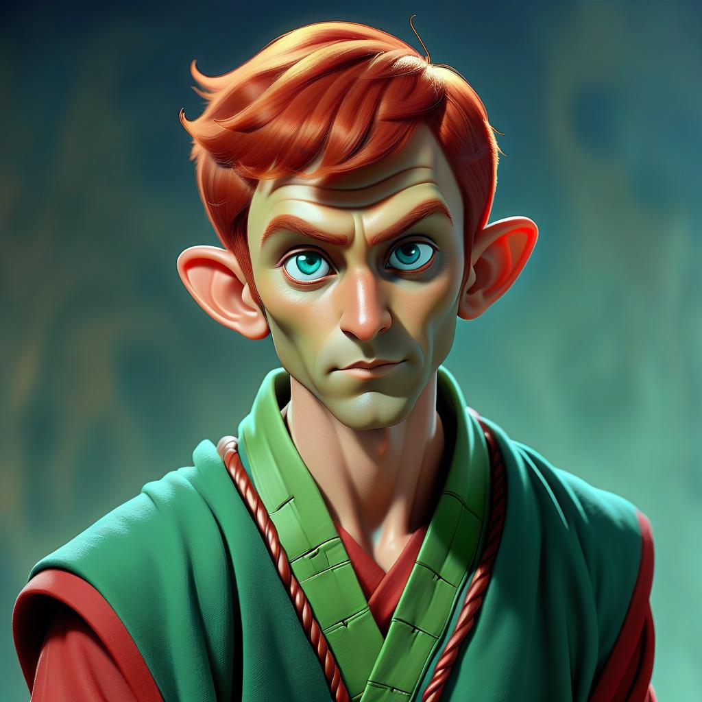  an elf man with short red hair and a short braid at the back, bright red pupils of eyes, tanned skin, dressed in a green robe without sleeves over a blue t shirt, oriental style clothing.