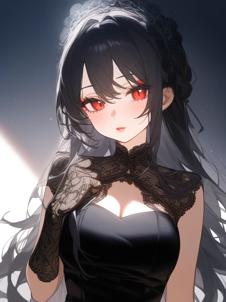  masterpiece,1girl,black hair,red eyes,long hair,slender,black dress,head dress,lace gloves,black lace,lips,