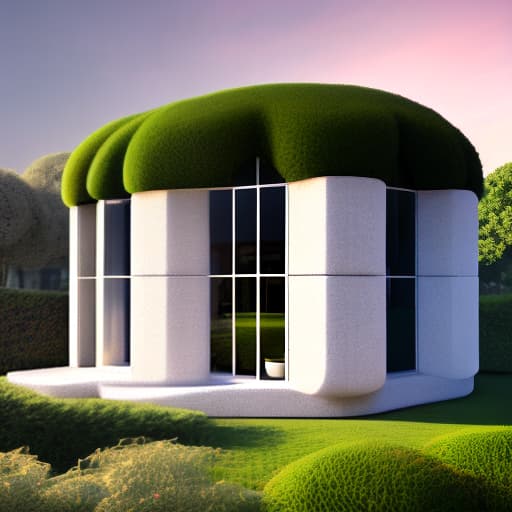 wa-vy style Realistic architectural rendering of a capsule multiple house within concrete giant blocks with moss and tall rounded windows with lights in the interior, human scales hyperrealistic, full body, detailed clothing, highly detailed, cinematic lighting, stunningly beautiful, intricate, sharp focus, f/1. 8, 85mm, (centered image composition), (professionally color graded), ((bright soft diffused light)), volumetric fog, trending on instagram, trending on tumblr, HDR 4K, 8K