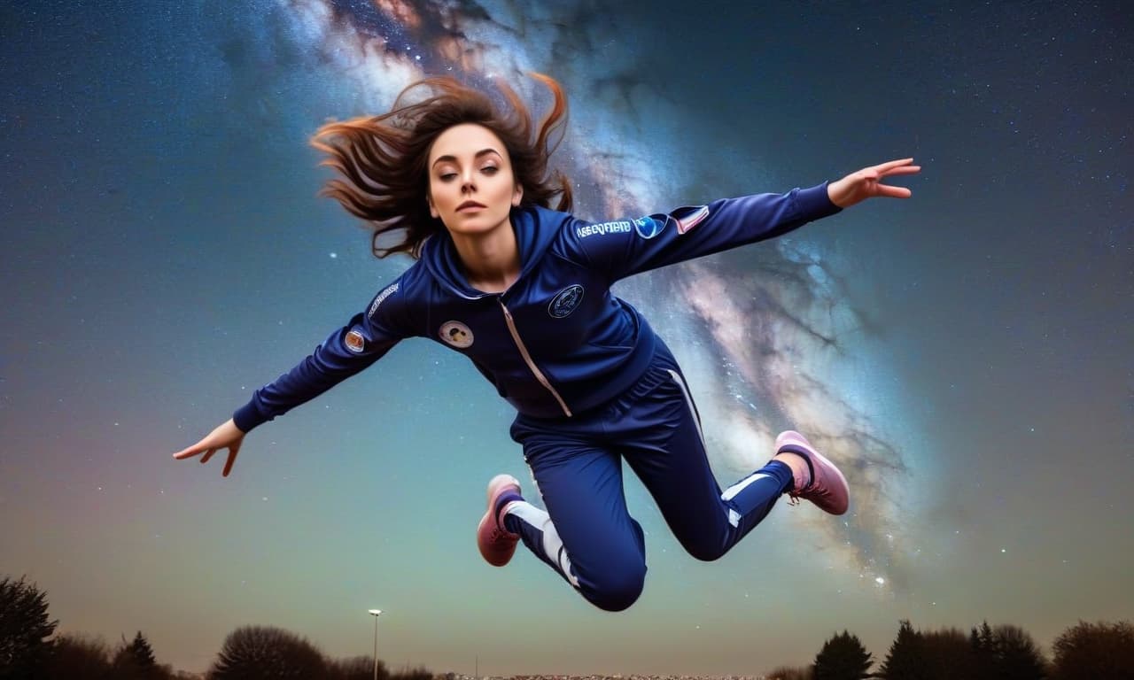  space themed a beautiful woman in a tracksuit on a run rose above the ground into the air, levitating. a suburb of paris. surrealism. . cosmic, celestial, stars, galaxies, nebulas, planets, science fiction, highly detailed, perfecteyes, perfect hands