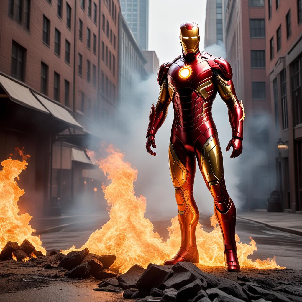  A highly detailed comic-style character design combining Human Torch and Iron Man. The character should merge Human Torch's fiery, blazing form and powers with Iron Man's advanced, high-tech suit. Integrate features like Human Torch's fire aura and flame effects with Iron Man's armored plating, repulsor beams, and sleek design. The character should be in a powerful, mid-flight pose, with flames and fire emanating from the suit and surrounding the character, showcasing both Human Torch's control over fire and Iron Man's technological prowess. hyperrealistic, full body, detailed clothing, highly detailed, cinematic lighting, stunningly beautiful, intricate, sharp focus, f/1. 8, 85mm, (centered image composition), (professionally color graded), ((bright soft diffused light)), volumetric fog, trending on instagram, trending on tumblr, HDR 4K, 8K