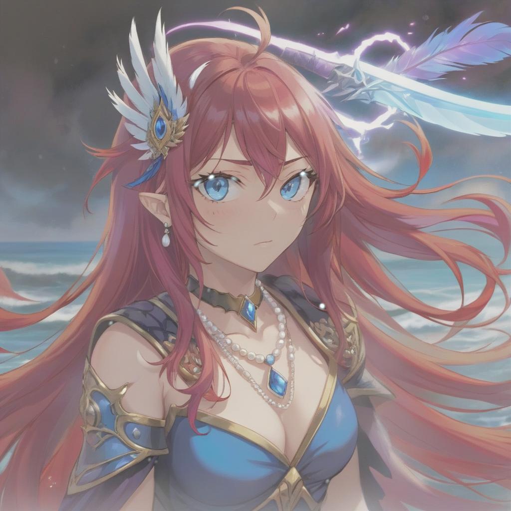  long exposure photo of portrait of strong rage valcyria lancer. blue eye. long red hair. tilting head down, magenta mantle, shoulder pad feather, accessory necklace with pearls on the forehead, by the sea . blurred motion, streaks of light, surreal, dreamy, ghosting effect, highly detailed, sticker, hkmagic