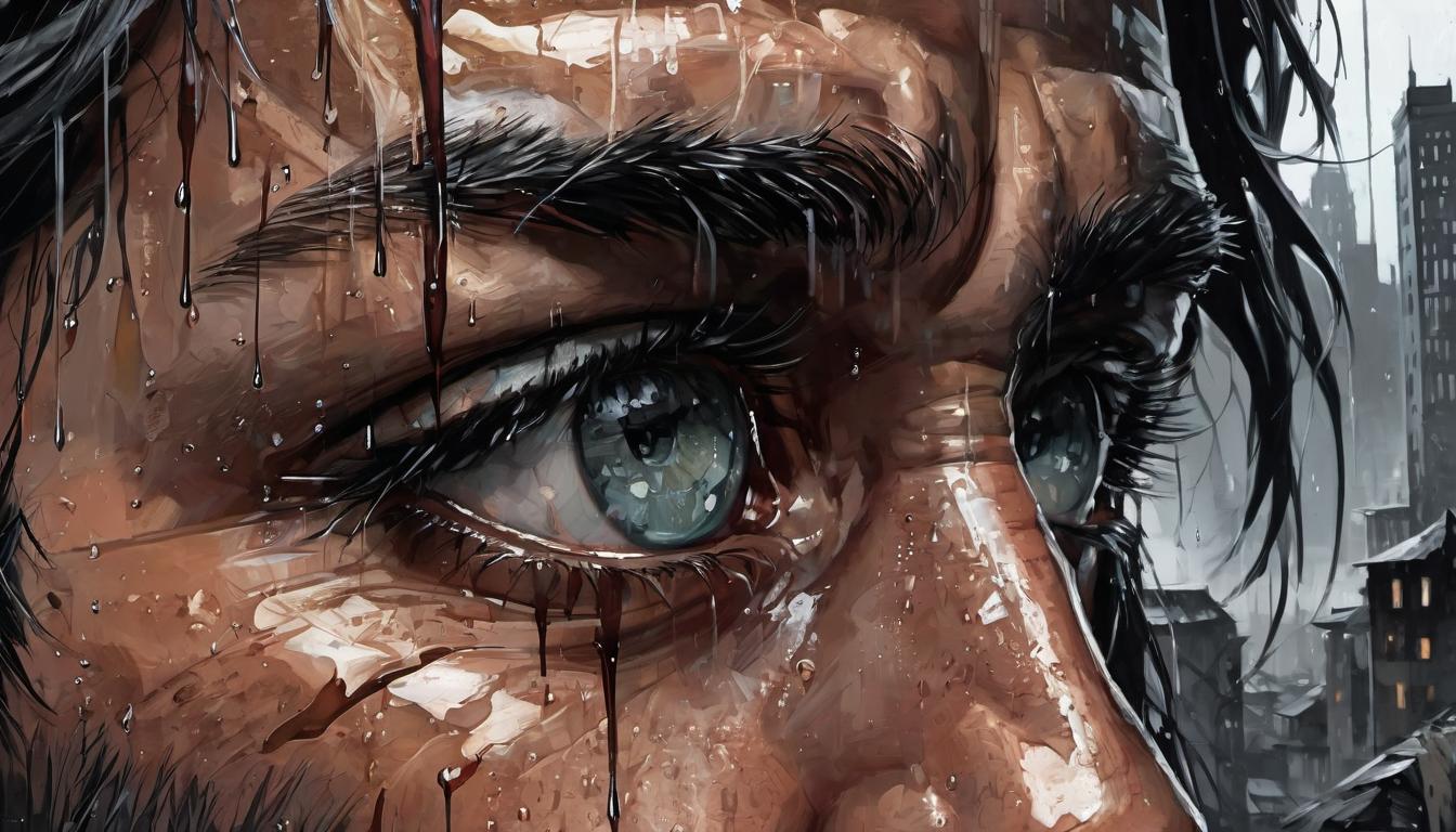  digital painting of a close up of the man’s face, tears streaming down, gaze directed at the decaying city below, sorrowful, compassionate, deeply pained. looking at viewer, dynamic pose, (intricate details, masterpiece, best quality)