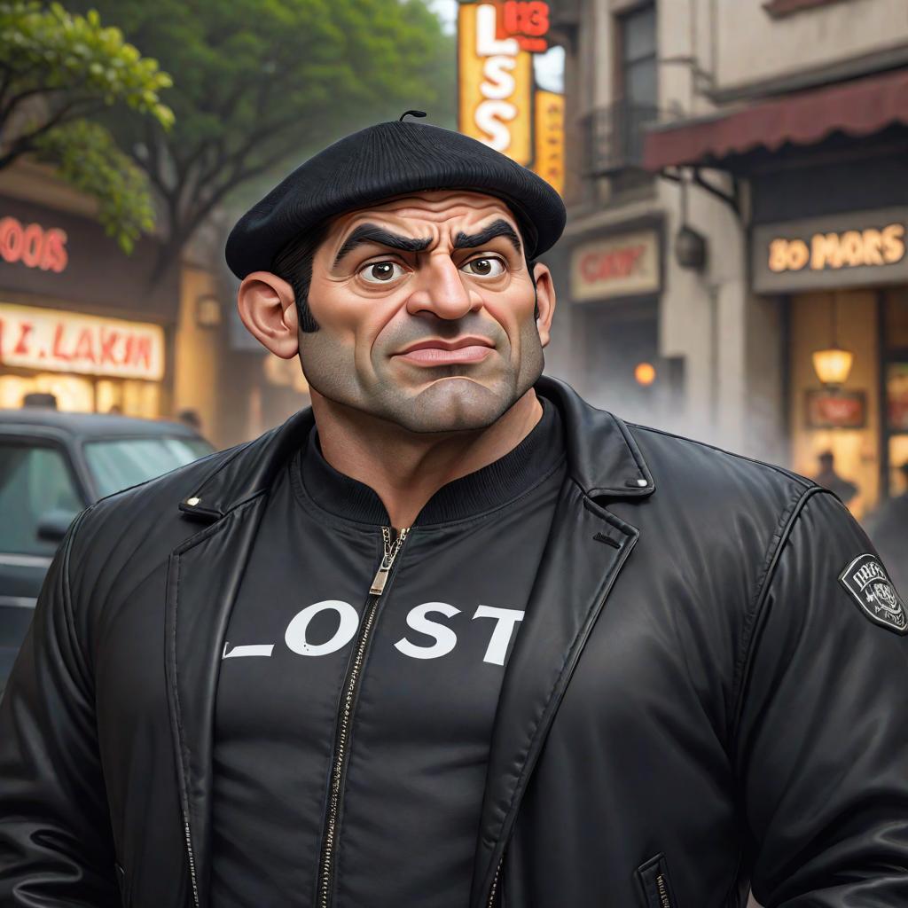  create a mad magazine style caricature of an individual wearing a black jacket with the word "lost" written on the front. the caricature should exaggerate the features while maintaining a humorous and satirical tone, typical of the mad magazine illustration style. the background should be simplified to focus on the character. hyperrealistic, full body, detailed clothing, highly detailed, cinematic lighting, stunningly beautiful, intricate, sharp focus, f/1. 8, 85mm, (centered image composition), (professionally color graded), ((bright soft diffused light)), volumetric fog, trending on instagram, trending on tumblr, HDR 4K, 8K