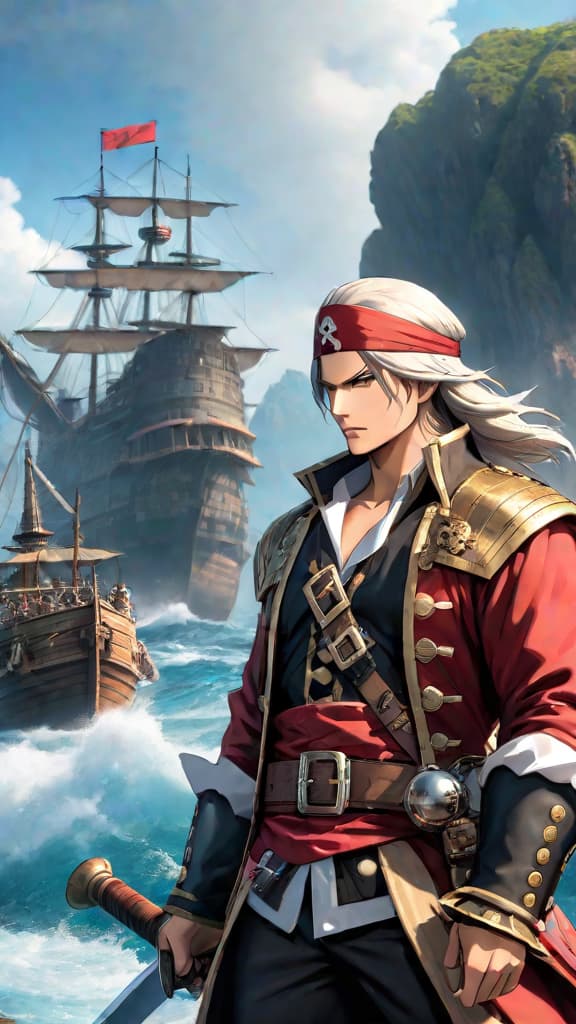  an anime art depicting the rocks pirates' ambition to become kings of the world. hyperrealistic, full body, detailed clothing, highly detailed, cinematic lighting, stunningly beautiful, intricate, sharp focus, f/1. 8, 85mm, (centered image composition), (professionally color graded), ((bright soft diffused light)), volumetric fog, trending on instagram, trending on tumblr, HDR 4K, 8K