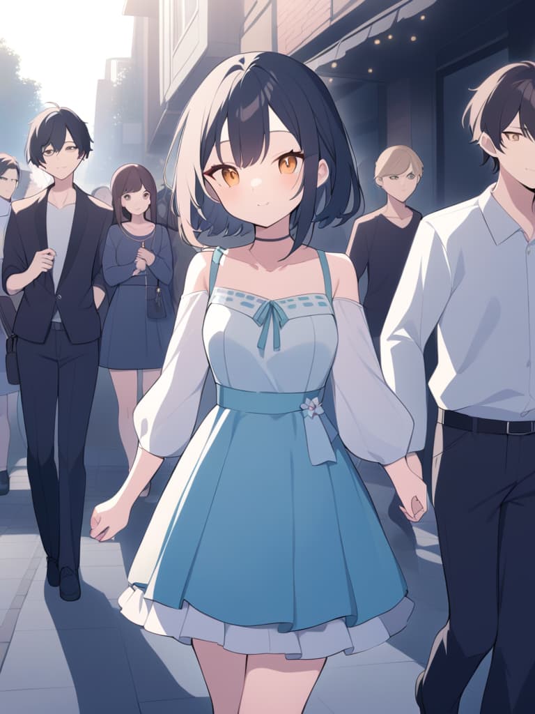  girls and boys holding hands, small arrangements in the center, boys on the right, girls on the left, dating, dusk streets, dusly dress, cute, cute,