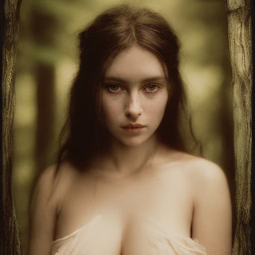 analog style Highly detailed moody dark Portrait of a breathtakingly lovely, wild Witchling nymph deep in the woods painted by John William Waterhouse andRembrandt. She has a beguiling face and is looking directly at the viewer. Her eyes are breathtakingly lovely, engaging and mysterious. She has long, wild, unkempt dark hair. Gorgeous, highly detailed , ornate composition using the golden ratio.