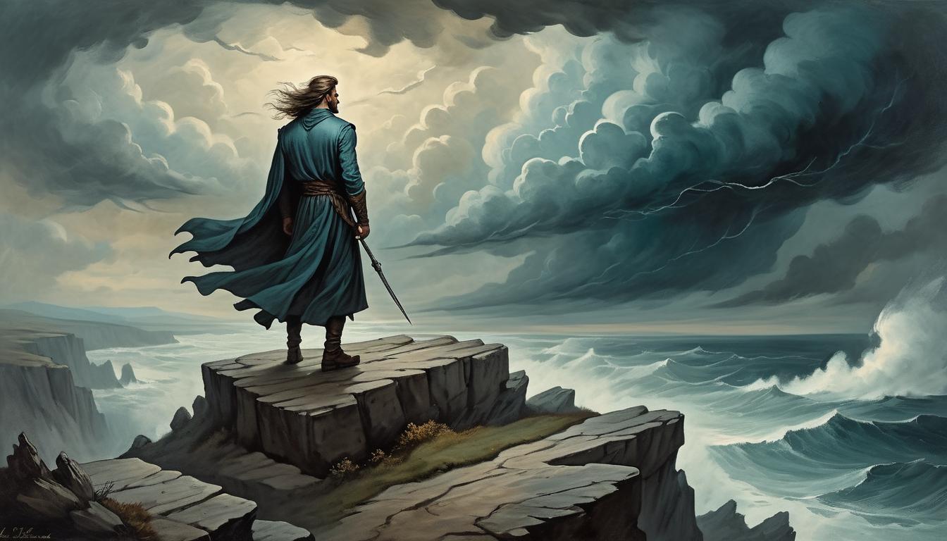  on parchment, surrealism+++, a solitary figure standing on a cliff edge, high winds, hair and clothes flowing, intense gaze towards the horizon, an impending storm(mysterious, provocative, symbolic,muted color)+++