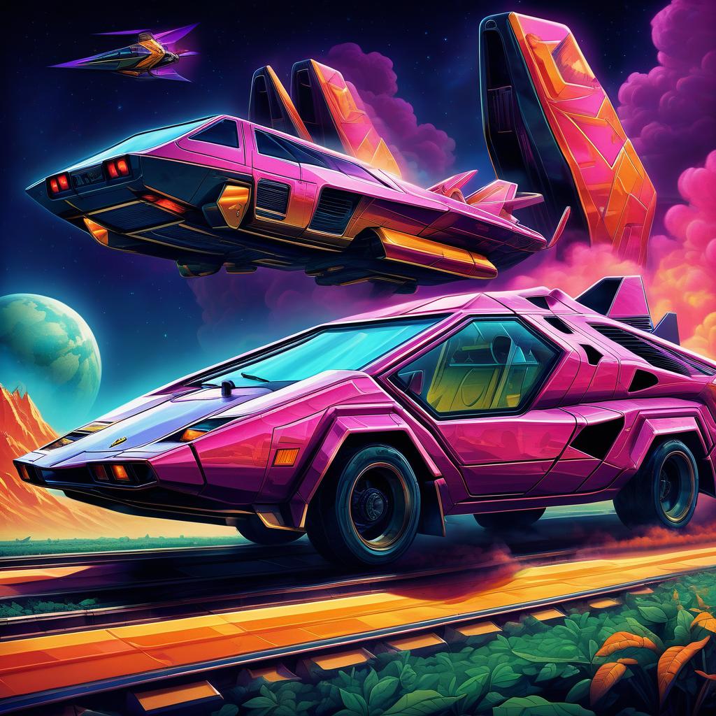  retro game art retro futurism, steam punk and diesel, a star shuttle that looks like a lamborghini countach. . 16 bit, vibrant colors, pixelated, nostalgic, charming, fun