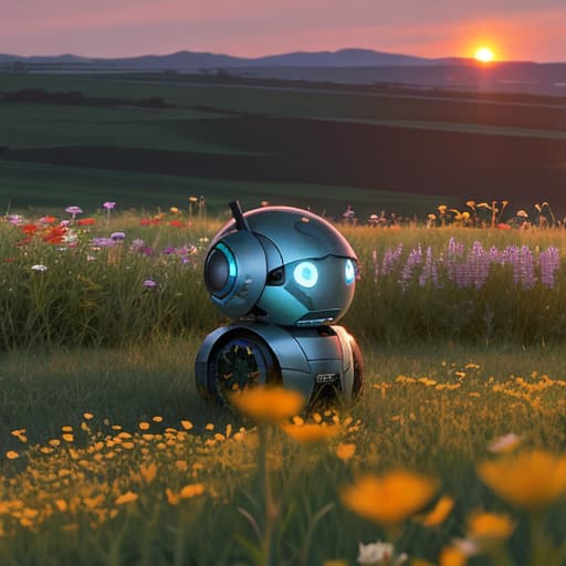  A solitary robot, its metallic form gleaming softly in the warm hues of the setting sun, rests amidst a vast expanse of wildflowers swaying gently in the evening breeze.