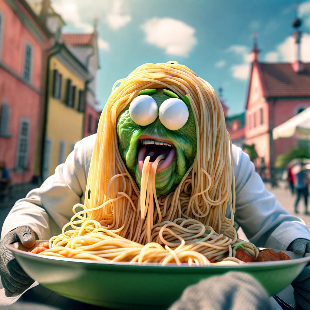  an innocent villager traveling in space is face to face with the spaghetti monster. hyperrealistic, full body, detailed clothing, highly detailed, cinematic lighting, stunningly beautiful, intricate, sharp focus, f/1. 8, 85mm, (centered image composition), (professionally color graded), ((bright soft diffused light)), volumetric fog, trending on instagram, trending on tumblr, HDR 4K, 8K