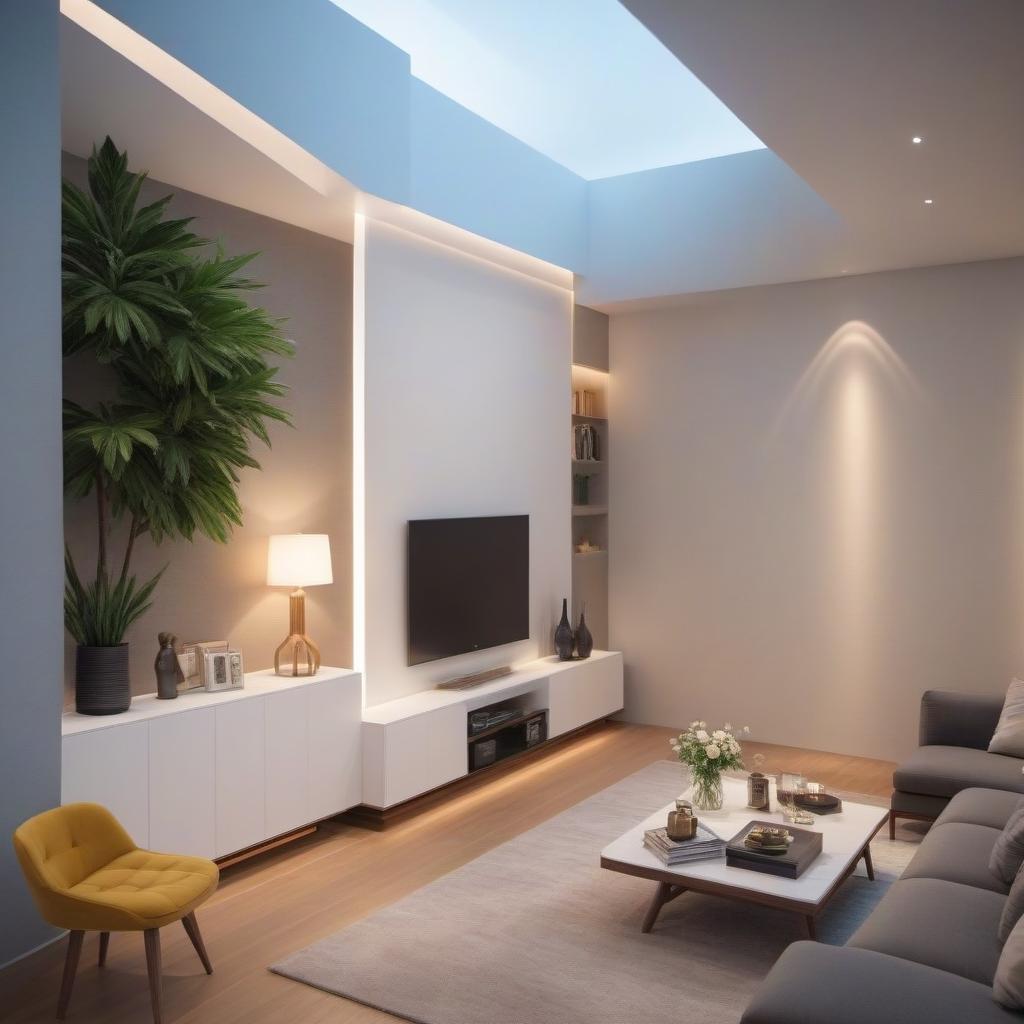  Modern living room interior hyperrealistic, full body, detailed clothing, highly detailed, cinematic lighting, stunningly beautiful, intricate, sharp focus, f/1. 8, 85mm, (centered image composition), (professionally color graded), ((bright soft diffused light)), volumetric fog, trending on instagram, trending on tumblr, HDR 4K, 8K