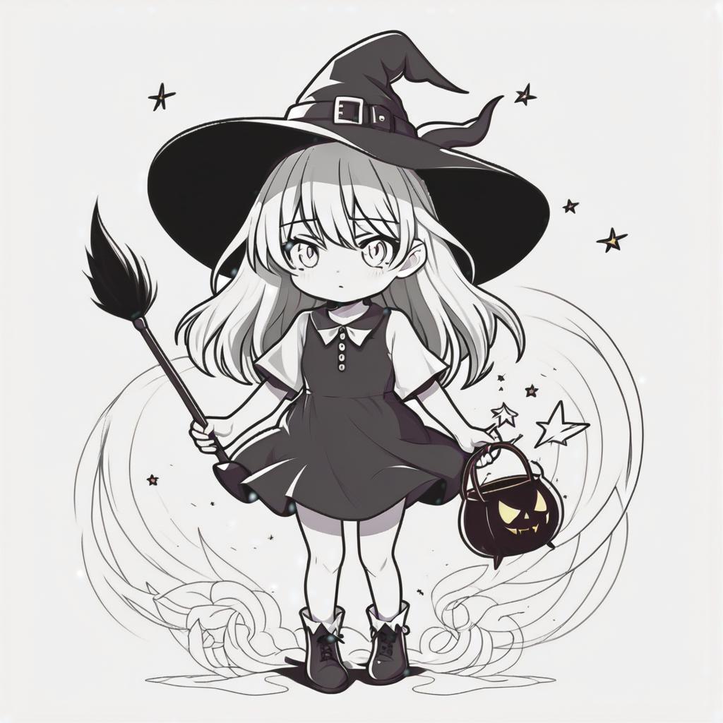  line art drawing little witch, t shirt and short dress, same nightmare. anime style . professional, sleek, modern, minimalist, graphic, line art, vector graphics