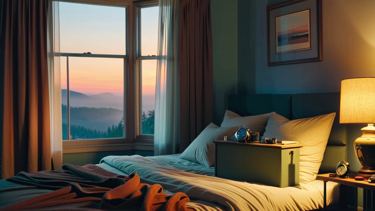  a serene bedroom at dawn, featuring a cluttered nightstand, an alarm clock flashing 6:00 am, a disheveled bed, and a half open curtain revealing a soft sunrise, evoking a sense of struggle and desire for routine. hyperrealistic, full body, detailed clothing, highly detailed, cinematic lighting, stunningly beautiful, intricate, sharp focus, f/1. 8, 85mm, (centered image composition), (professionally color graded), ((bright soft diffused light)), volumetric fog, trending on instagram, trending on tumblr, HDR 4K, 8K