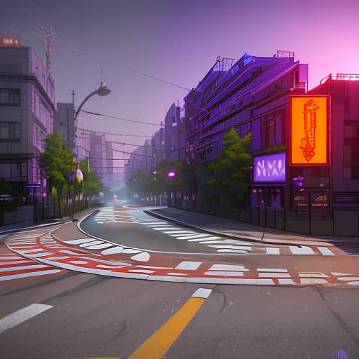  an intersection where one road branches into three: one leads to the right, another to the left, and the third straight. the roads are painted in purple, blue and orange colors., shot 35 mm, realism, octane render, 8k, trending on artstation, 35 mm camera, unreal engine, hyper detailed, photo realistic maximum detail, volumetric light, realistic matte painting, hyper photorealistic, trending on artstation, ultra detailed, realistic