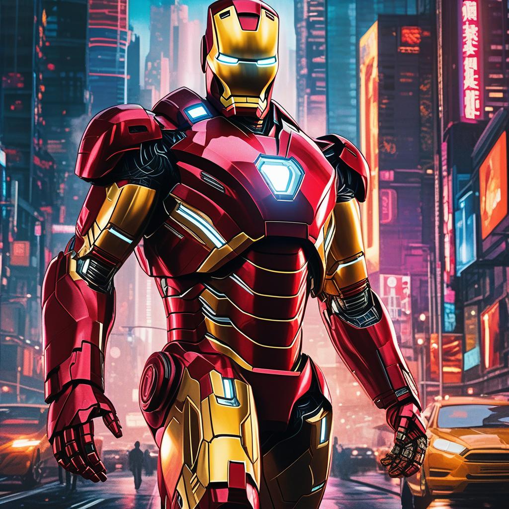  masterpiece, best quality, masterpiece, 8k resolution, realistic, highly detailed, Iron Man close-up. He stands on a street lined with tall buildings in a cyberpunk style city at night. The city's night lights are bright, and the surrounding buildings and streets are full of cyberpunk elements such as neon lights, high-tech equipment and futuristic architectural design.