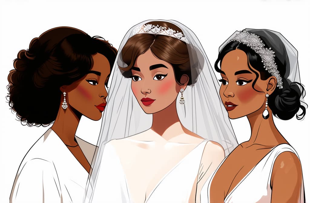  flat illustration, flaticon, (illustration:1.15), different beauty. set of different female heads in wedding veil. different races and nationalities. colored hand drawn illustration ar 3:2, [cory loftis, strobist, pascal campion :: 0.2]