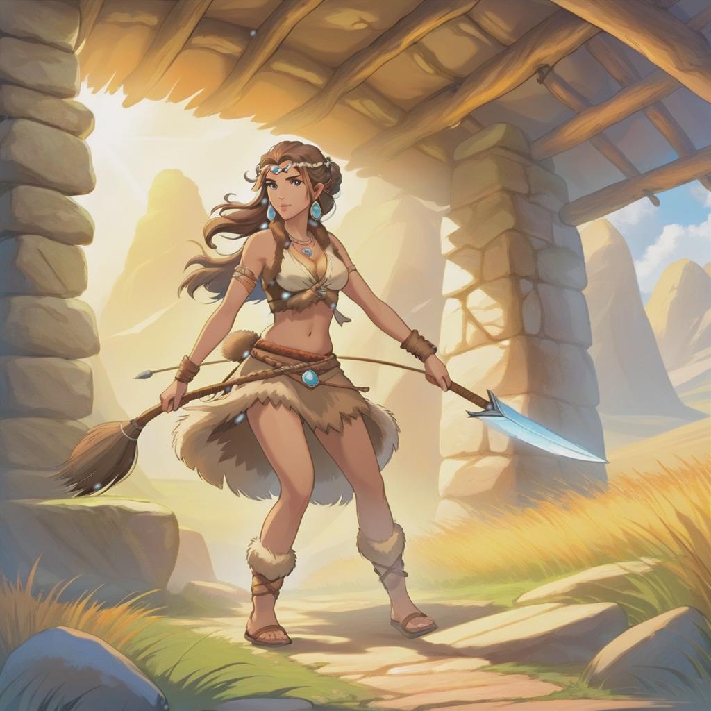  ethereal fantasy concept art of stone age woman in a dirty fur skirt and a dirty fur vest weaving on a loom, hunts in the steppe, outdoor, at full heigh body, with brovn hair, slender, slim waist, long loincloth, tanned skin, at full heigh body, action pose, full heigh body, against the backdrop of a stone age village, . magnificent, celestial, ethereal, painterly, epic, majestic, magical, fantasy art, cover art, dreamy