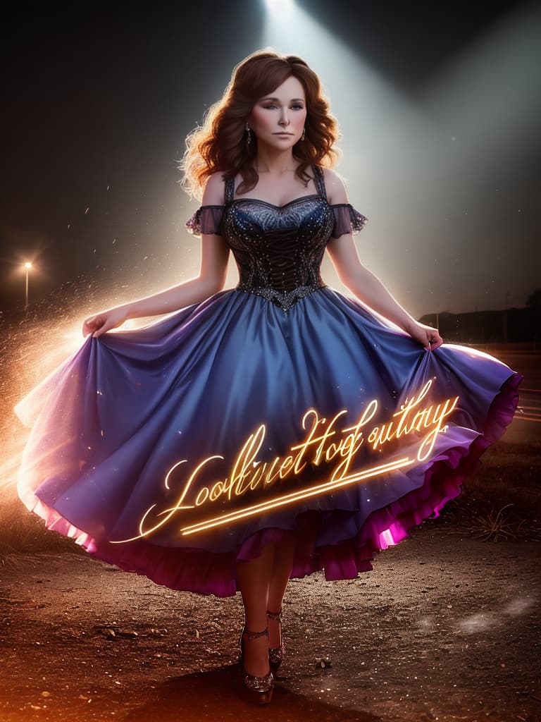  The young country singer Loretta Lynn, medium shot, upper body, spotlight, long exposure lighting, street art style spray paint, glamour lighting