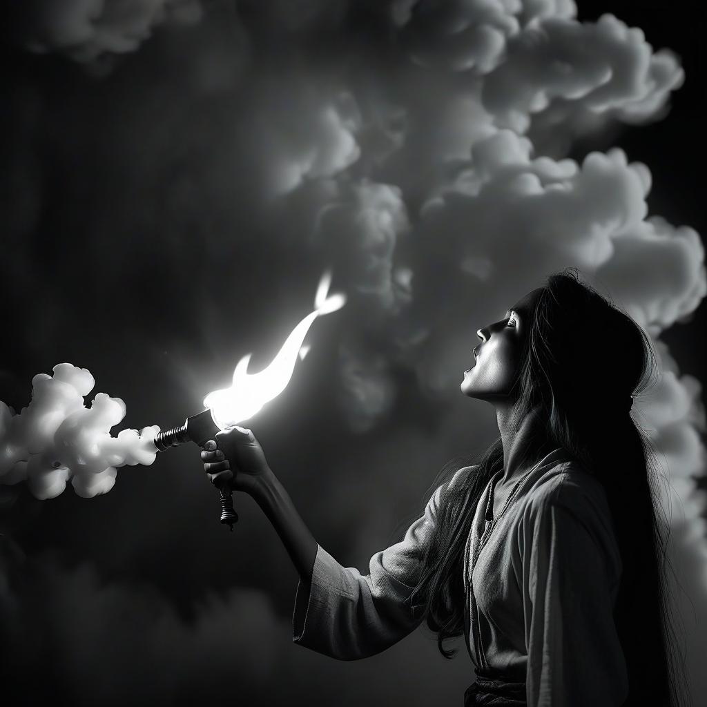  monochrome a girl with long hair, a torch in her hand, breathing fire, spitting kerosene on a torch, a cloud of fire. the fakir spews fire. electrical discharges around. lightning around. fakir spews flames, fire from his mouth, spit kerosene on the torch, kerosene burns, side view . black and white, contrast, tone, texture, detailed