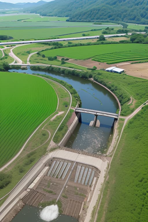  an advanced, harmonious scene of rural development with a large dam in the background, surrounded by lush forests, sustainable agriculture fields, and smart irrigation systems powered by solar panels. farmers are seen using digital devices like tablets to monitor water levels and manage crops. in the background, satellites and drones fly overhead, capturing data for environmental monitoring, while iot sensors are installed near the dam and in the fields. there is collaboration between farmers, government officials, and private sector representatives, symbolizing a strong partnership for water and land management. the environment reflects balance, technology, and nature, under a bright sky, advertising photo,high quality, good proportion, m