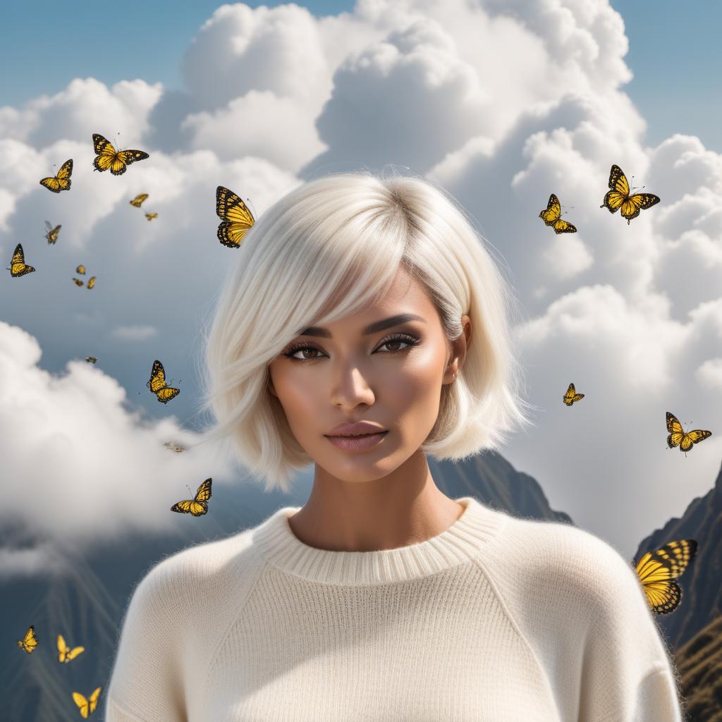  A modern Peruvian lady in heaven amongst clouds, wearing an off-white soft cashmere-like sweater and with a short bob haircut. Her hair is black with a white strip of hair in the front near the forehead centered. A lot of small, solid soft yellow butterflies with no black are flying past her. The scene should be dreamy and angelic. hyperrealistic, full body, detailed clothing, highly detailed, cinematic lighting, stunningly beautiful, intricate, sharp focus, f/1. 8, 85mm, (centered image composition), (professionally color graded), ((bright soft diffused light)), volumetric fog, trending on instagram, trending on tumblr, HDR 4K, 8K