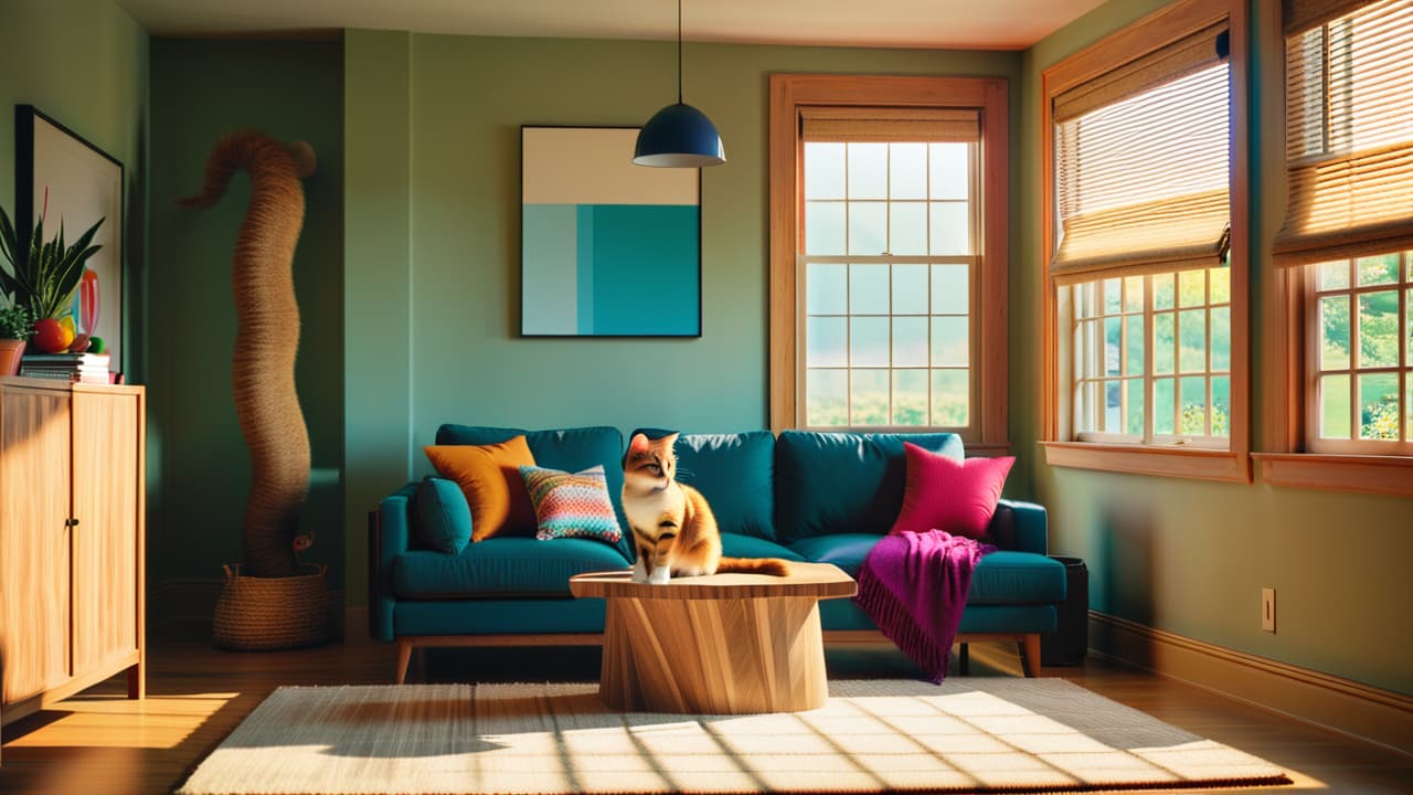  a cozy living room corner featuring a tall, textured scratching post adorned with colorful sisal and plush fabric, surrounded by a playful cat stretching and scratching, with sunlight filtering through a window, creating a warm atmosphere. hyperrealistic, full body, detailed clothing, highly detailed, cinematic lighting, stunningly beautiful, intricate, sharp focus, f/1. 8, 85mm, (centered image composition), (professionally color graded), ((bright soft diffused light)), volumetric fog, trending on instagram, trending on tumblr, HDR 4K, 8K