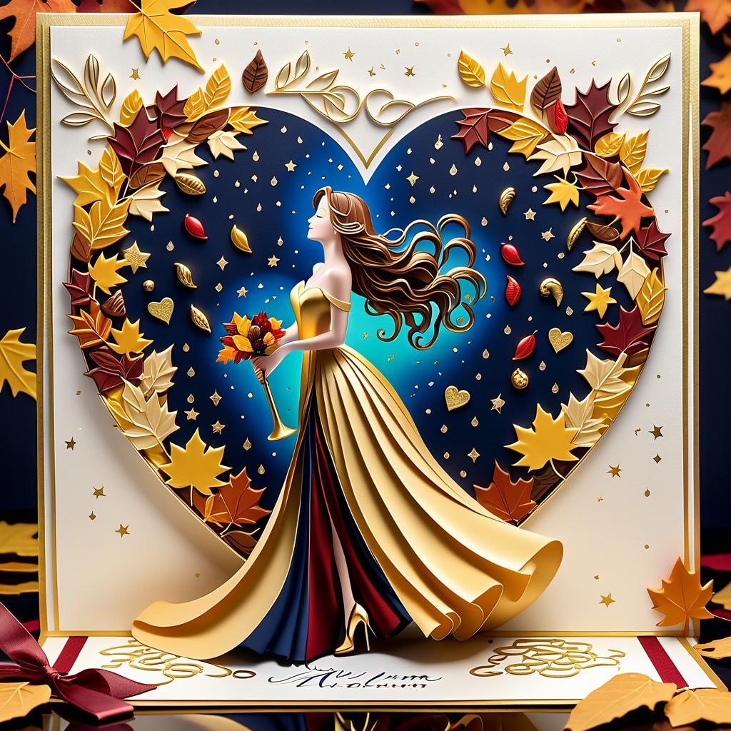  luxury product style on a carpet of yellow leaves in a simple dress of wind given crepe autumn danced a waltz boston in an alleyway. the warm day flew away and the saxophone sang hoarsely. (background of the card): falling autumn leaves, a whirlwind of autumn leaves, wind saxophone, ((a box of chocolates, the inscription "autumn waltz")) , a greeting card. (heart), a beautiful figure made of contours in the shape of a heart. (heart colour): night sky background, stars, gold pattern. (style):fantasy, autumn art, autumn romance. (colours):gold, green gold, navy blue, red, red gold, brown gold, silver, golden blue, bluish blue, dark blue on gold . elegant, sophisticated, high end, luxurious, professional, highly detailed