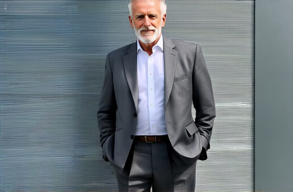  handsome elegant elderly man with white hair and beard in grey business suit standing in stylish fashionable pose near bright wall keeping hands in pockets. bright daylight ar 3:2 {prompt}, maximum details