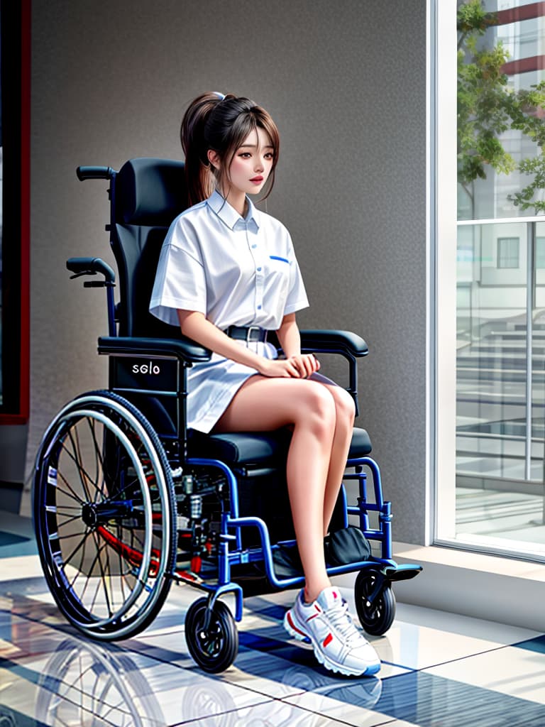  masterpiece, best quality: 1.4, high level, 8k resolution, more detailed, 3d rendering, 1 girl, 8k ultra high resolution, masterpiece, high school girl, fresh and cute, ponytail, sitting in a wheelchair with hands on wheelchair armrests, chinese characteristics, fair and delicate skin, stepping on white sports shoes, sitting on a wheelchair, jk uniform girl hyperrealistic, full body, detailed clothing, highly detailed, cinematic lighting, stunningly beautiful, intricate, sharp focus, f/1. 8, 85mm, (centered image composition), (professionally color graded), ((bright soft diffused light)), volumetric fog, trending on instagram, trending on tumblr, HDR 4K, 8K