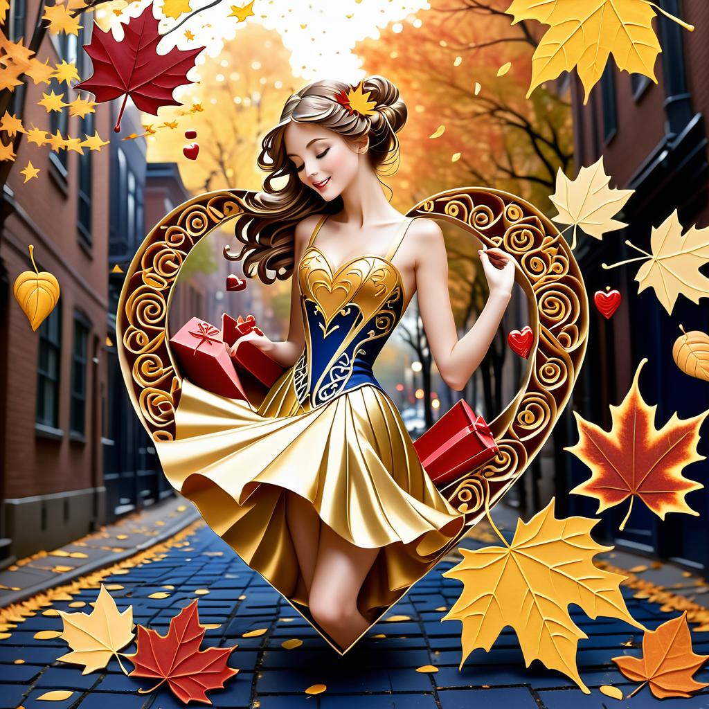  fairy tale on a carpet of yellow leaves in a simple dress of wind given crepe autumn danced a waltz boston in an alleyway. the warm day flew away and the saxophone sang hoarsely. (background of the card): falling autumn leaves, a whirlwind of autumn leaves, wind saxophone, ((a box of chocolates, the inscription "autumn waltz")) , a greeting card. (heart), a beautiful figure made of contours in the shape of a heart. (heart colour): night sky background, stars, gold pattern. (style):fantasy, autumn art, autumn romance. (colours):gold, green gold, navy blue, red, red gold, brown gold, silver, golden blue, bluish blue, dark blue on gold . magical, fantastical, enchanting, storybook style, highly detailed