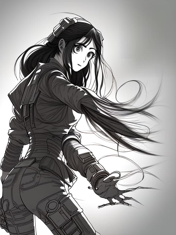 nvinkpunk eldar female from warhammer 40000, long black hair gathered in a braid, hands hidden behind her back, evil smile, brown eyes, white robe, library on the background, (manga style, yusuke murata, satoshi kon, ken sugimori, hiromu arakawa), pencil drawing, (b&w:1.2), low detail, sketch, concept art, anime style, line art, webtoon, manhua, chalk, hand drawn, defined lines, simple shades, simplistic, manga page, minimalistic, high contrast, precision artwork, linear compositions, scalable artwork, digital art, high contrast shadows