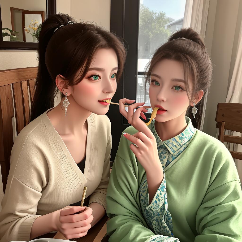  masterpiece, best quality, , eating, beautiful 2 old women playing , no makeup, Green eyes, ponytail, bare , standing by her , good hands, perfect fingers, ( ), huge 