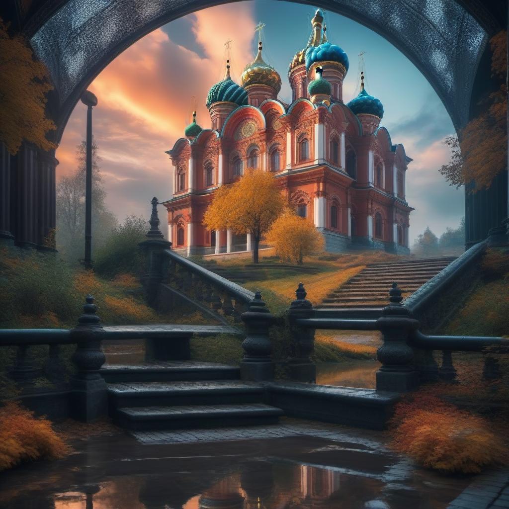  Beautiful deserted Russian landscape, beautiful architecture, cloudy sky, puddles, reflections, rain hyperrealistic, full body, detailed clothing, highly detailed, cinematic lighting, stunningly beautiful, intricate, sharp focus, f/1. 8, 85mm, (centered image composition), (professionally color graded), ((bright soft diffused light)), volumetric fog, trending on instagram, trending on tumblr, HDR 4K, 8K