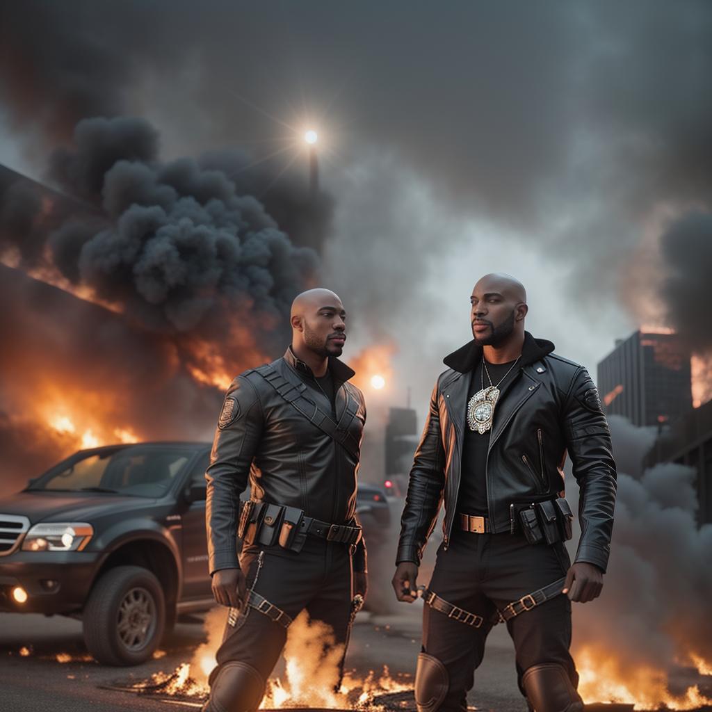  Two 250 pound bald black guys holding microphones and sitting on a burning car in an apocalyptic city hyperrealistic, full body, detailed clothing, highly detailed, cinematic lighting, stunningly beautiful, intricate, sharp focus, f/1. 8, 85mm, (centered image composition), (professionally color graded), ((bright soft diffused light)), volumetric fog, trending on instagram, trending on tumblr, HDR 4K, 8K