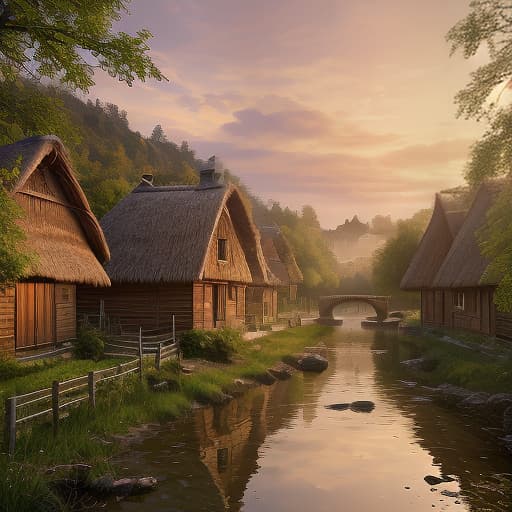  create a realistic image of an ancient russian village at dawn with high quality graphics. the picture should show many wooden houses with thatched roofs, lit by warm orange tones of morning light. the village is surrounded by a flat landscape with green fields and forests in the background. the sky is light fog and clouds, painted in delicate orange shades of dawn, creating an atmosphere of calm and harmony. try to convey the beauty and peace of this early morning in ancient russian nature., photorealistic, hyperrealistic, hyperdetailed, analog style, demure, detailed skin, pores, smirk, smiling eyes, matte skin, soft lighting, subsurface scattering, realistic, heavy shadow, masterpiece, best quality, ultra realistic, 8k, golden ratio, int