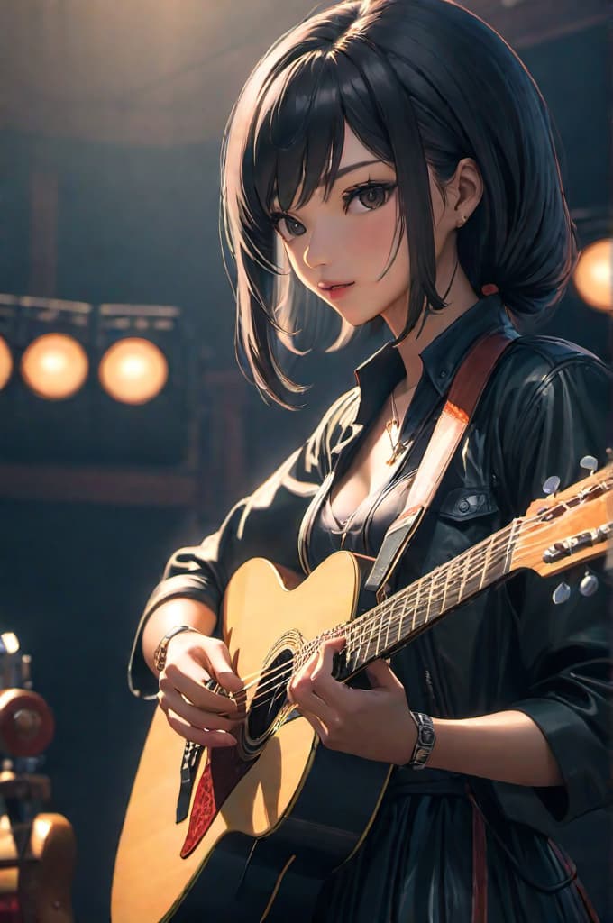   asian shows big with guitar hyperrealistic, full body, detailed clothing, highly detailed, cinematic lighting, stunningly beautiful, intricate, sharp focus, f/1. 8, 85mm, (centered image composition), (professionally color graded), ((bright soft diffused light)), volumetric fog, trending on instagram, trending on tumblr, HDR 4K, 8K