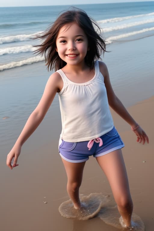  girl child wearing only shorts playing on beach