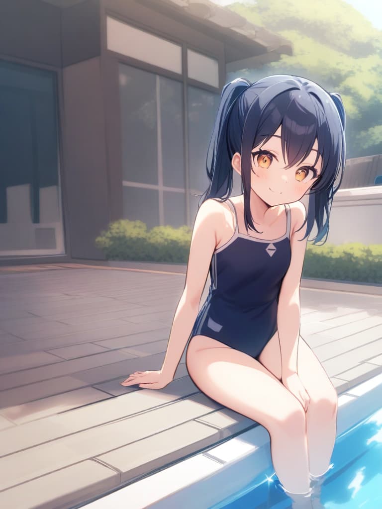  women's elementary student, dark blue swimwear, old , swimwear, , simple, male , shaped clear , shaped clear, clear phimosis, shape clear, , , front, cute smile, twin tail, full body , poolside,