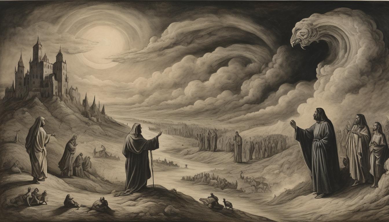  on parchment, surrealism++, apocalyptic landscape, dark skies splitting with bright, divine light, figures reacting in awe and fear, prophetic scene, rapid change(mysterious, provocative, symbolic)++