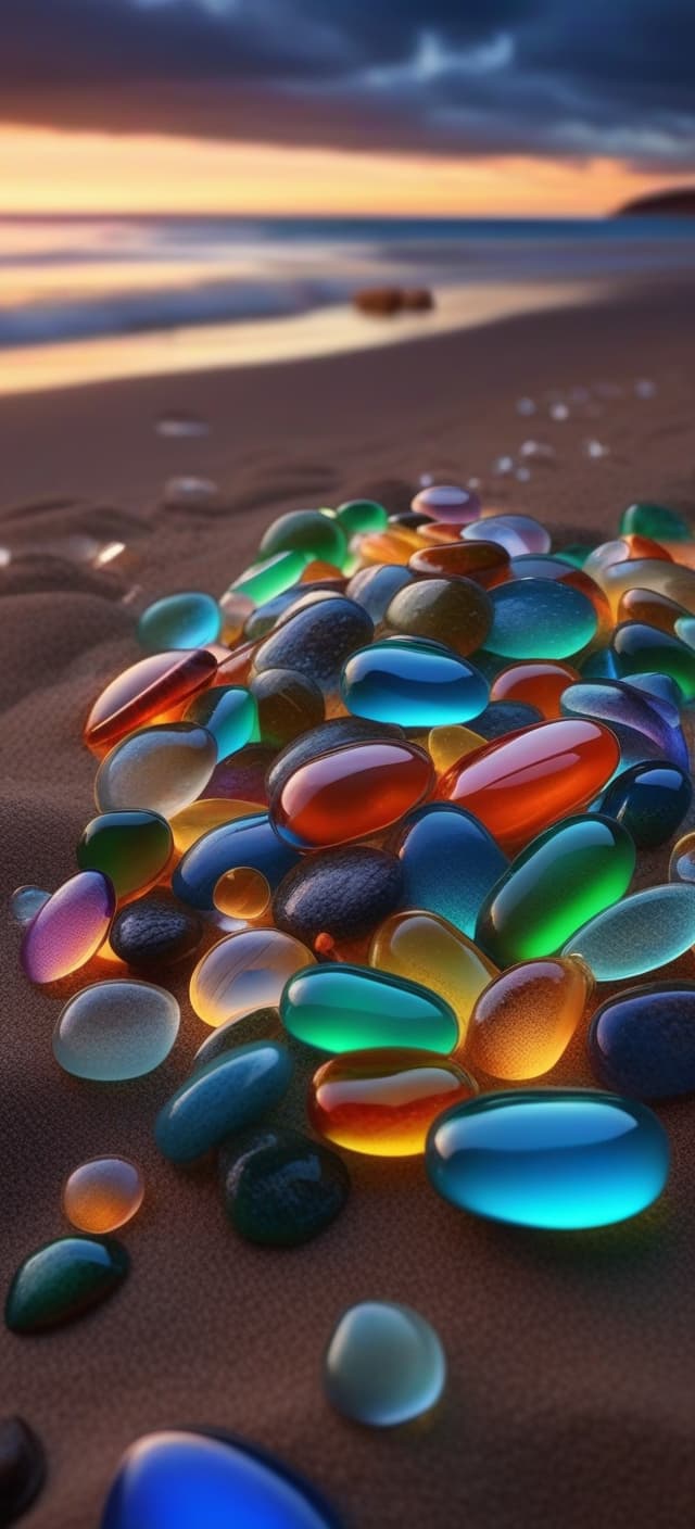  a pile of glass pebbles on a beach, in the style of luminous and dreamlike scenes, at night, psychedelic inspired, hyper realistic details, luminous sfumato, photo realistic techniques, enamel