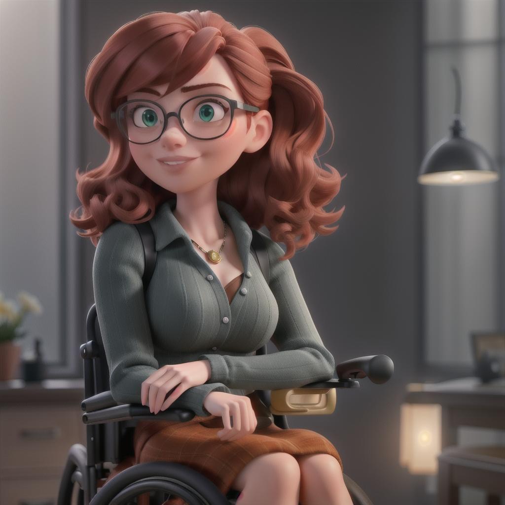  A Redhead woman with bangs large black frame glasses in a wheelchair hyperrealistic, full body, detailed clothing, highly detailed, cinematic lighting, stunningly beautiful, intricate, sharp focus, f/1. 8, 85mm, (centered image composition), (professionally color graded), ((bright soft diffused light)), volumetric fog, trending on instagram, trending on tumblr, HDR 4K, 8K