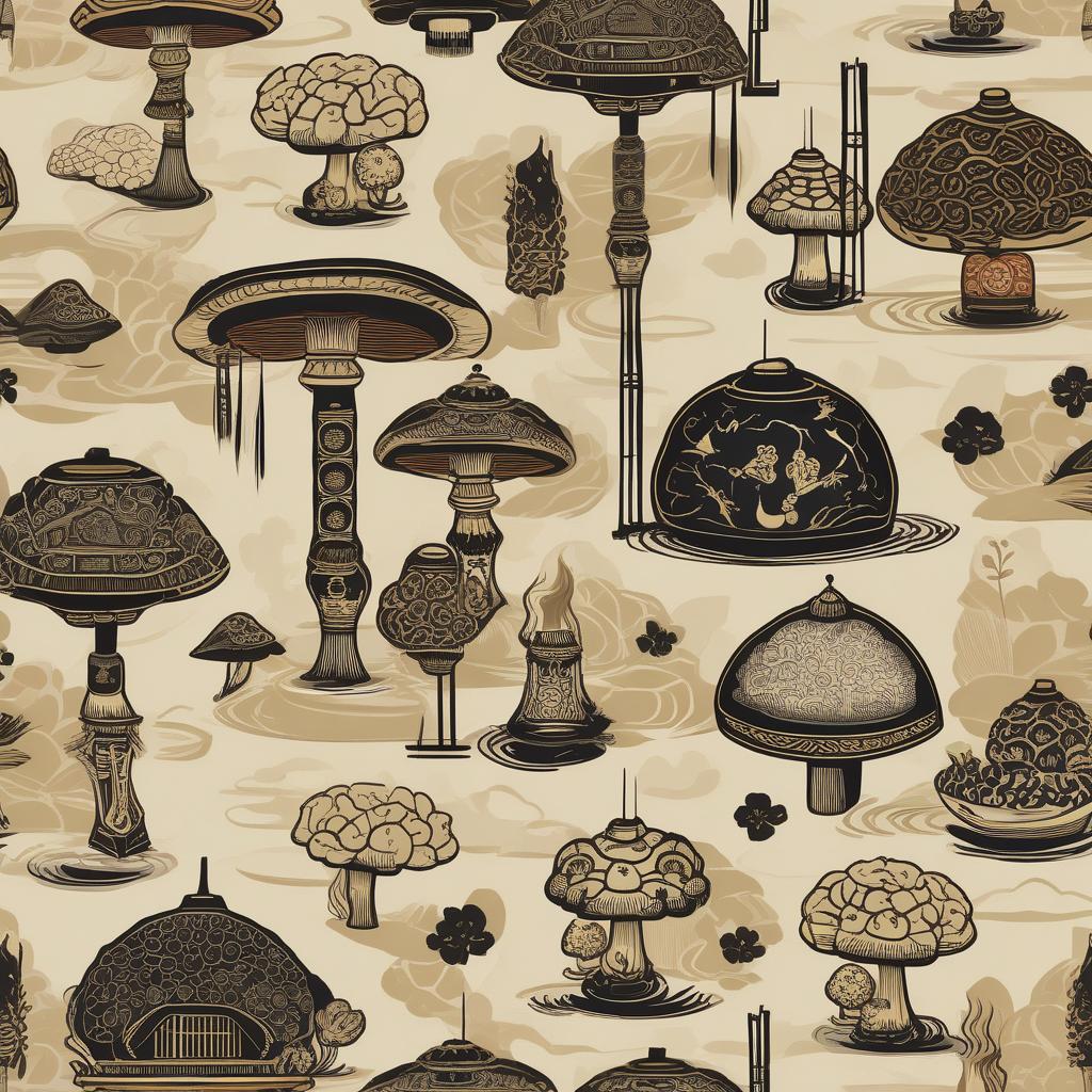  Masterpiece, best quality, the upper left corner of the screen is an official script style brand name: turtle back incense, note: fine mushrooms; the middle of the screen is three high-quality mushrooms, two below, one on the top; the bottom of the screen is an abstract silhouette of a set of chimes, left low right high.