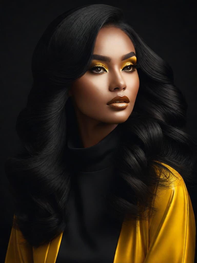  Golden yellow and sleek black color palette, captivating and inviting expression, exuding elegance and charm, magnetic beauty, intricate details, high contrast, luxurious feel, digital art, female, glossy finish, striking composition, dynamic lighting to enhance features.