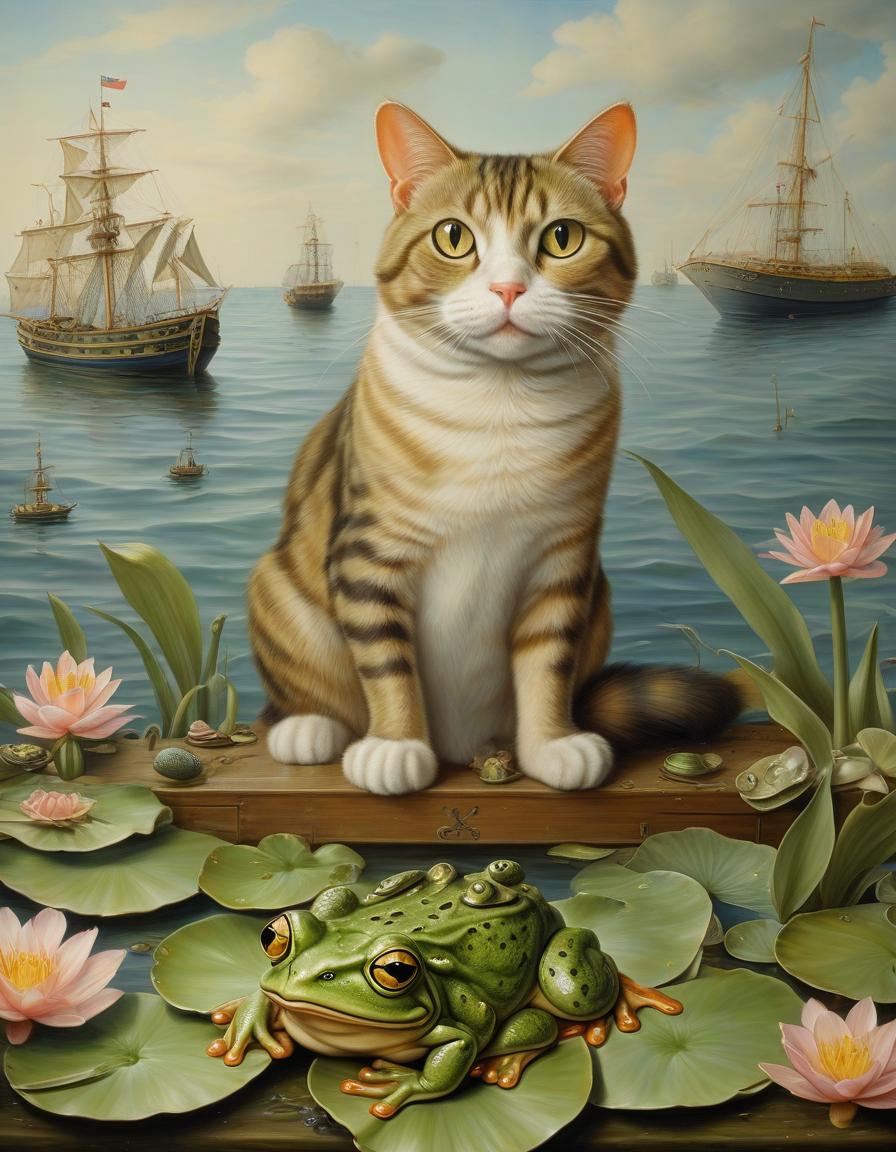  nautical themed a cat interested, a frog on a nenuphar, painting . sea, ocean, ships, maritime, beach, marine life, highly detailed