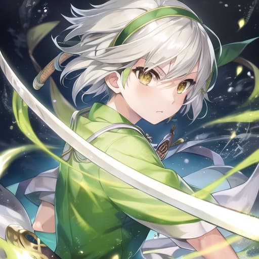  master piece , best quality,yumu konpakuto (soul spirit) face, white hair, short hair, green clothes, hair band, ribbons, two swords, .